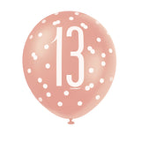 Pack of 6 12" Birthday Rose Gold Glitz Number 13 Latex Balloons {DC}