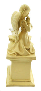 Graveside Memorial Angel Cherub Praying Kneeling with Glass T Lite Holder Cream Stone Finish - Grandma