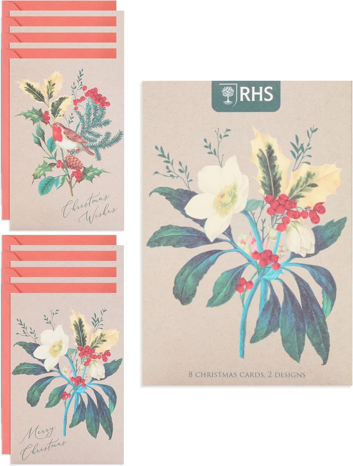 Multipack of 8 RHS Rose & Robin Design Christmas Cards