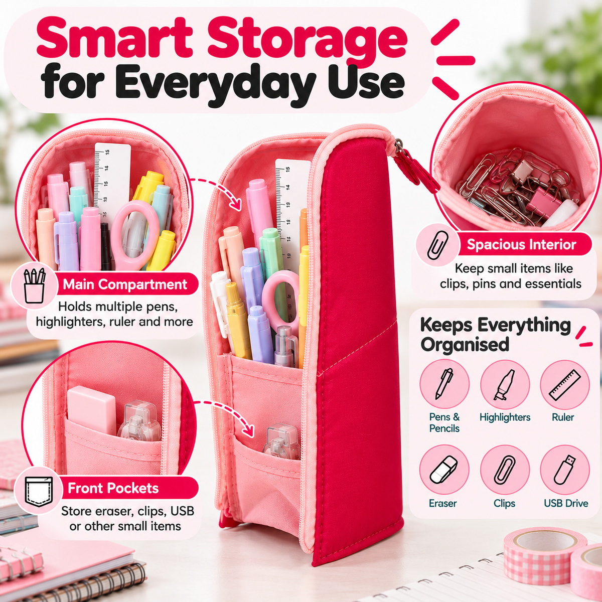 Pink Standing Zip Pencil Case 19.5 x 5 x 9cm