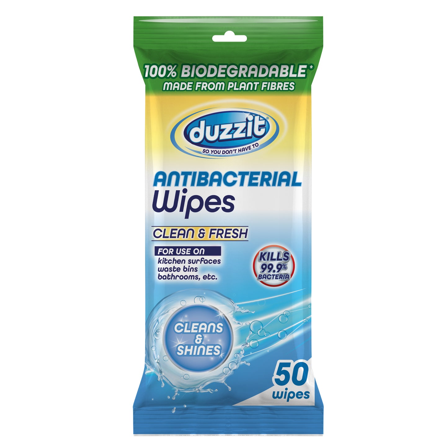 Pack of 50 Duzzit Biodegradable Antibacterial Clean And Fresh Wipes