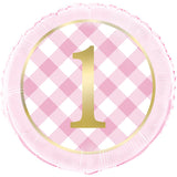 Pink Gingham 1st Birthday Round Foil Balloon 18"