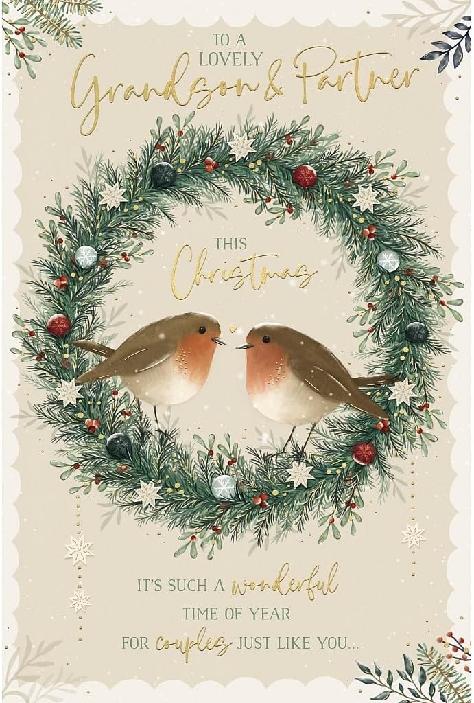 Robins On A Wreath Grandson and Partner Christmas Card