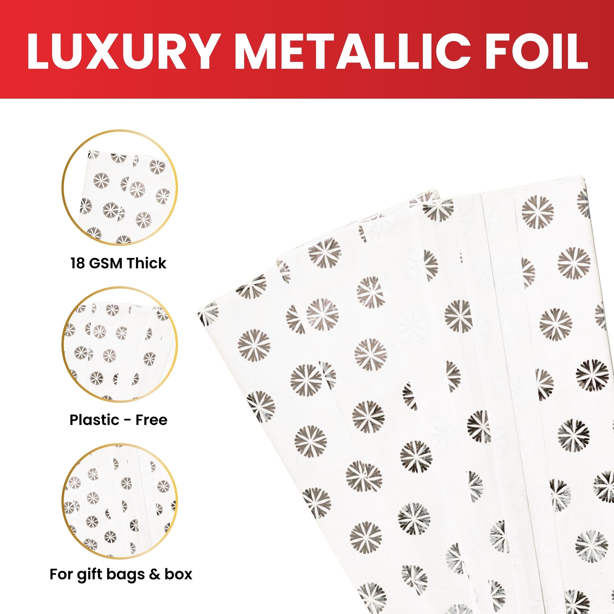 Pack of 10 Flowers Polka Luxury Silver Metallic Plastic-Free 18gsm Tissue Paper Sheets 50x70cm