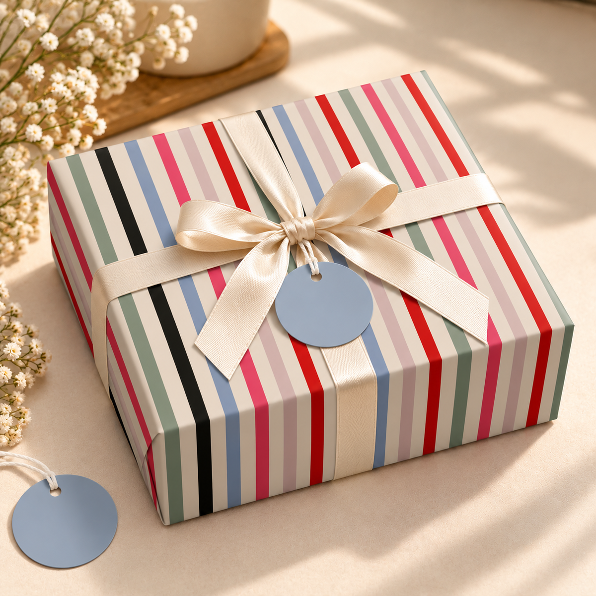 Pack of 2 Candy Stripe Parade Design 50 x 70 cm Gift Wrap Sheets with 2 Tags - Valentine’s Day Birthdays Festive Gifting