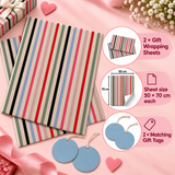 Pack of 2 Candy Stripe Parade Design 50 x 70 cm Gift Wrap Sheets with 2 Tags - Valentine’s Day Birthdays Festive Gifting