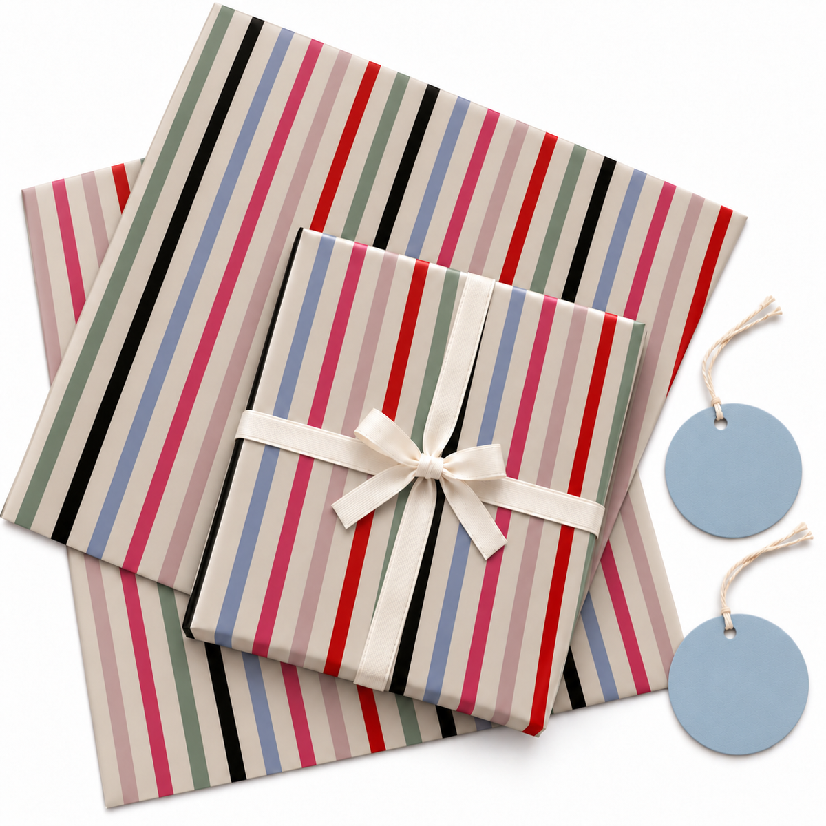 Pack of 2 Candy Stripe Parade Design 50 x 70 cm Gift Wrap Sheets with 2 Tags - Valentine’s Day Birthdays Festive Gifting