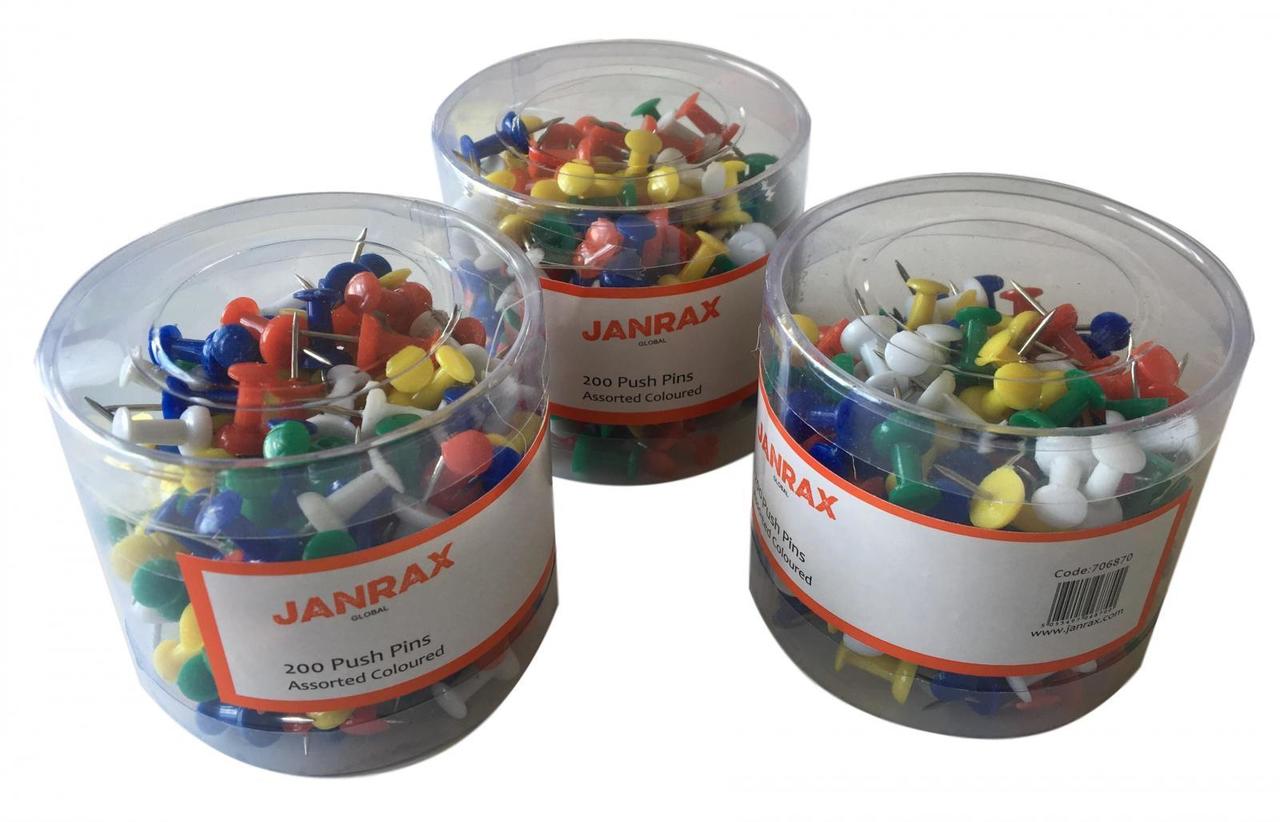 Pack of 200 Assorted Coloured Push Pins in Tub