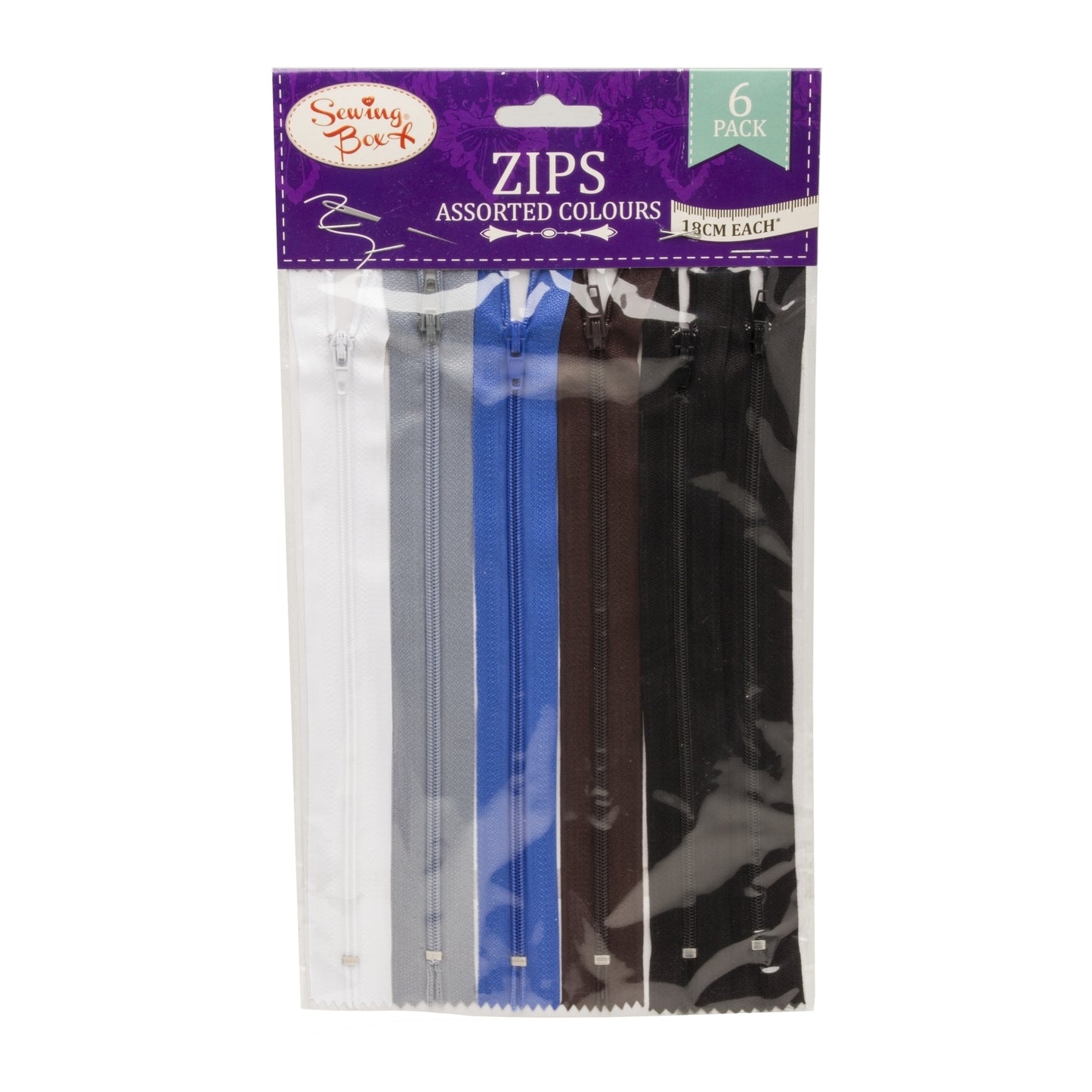 Pack of 6 Assorted Coloured Zippers by Sewing Box {DC}