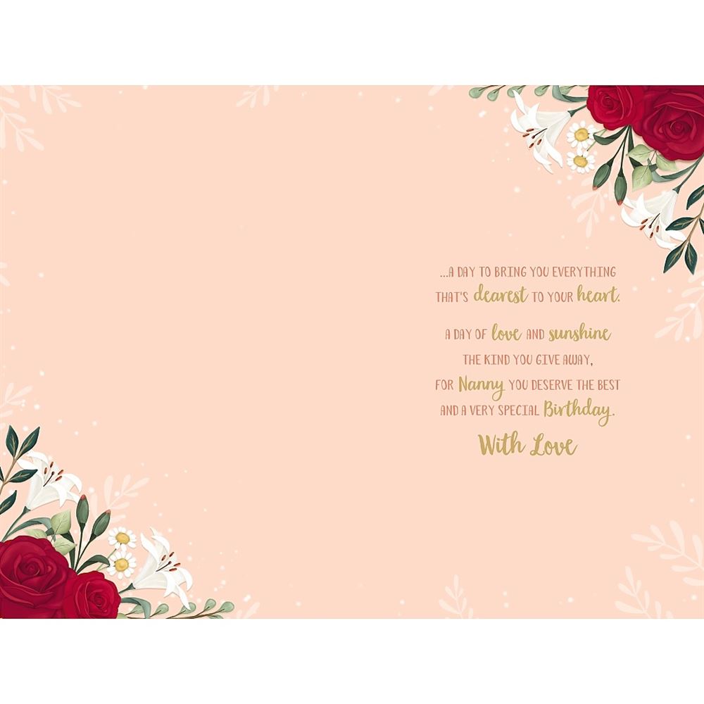 Nanny Birthday Card with Red Roses, Pink and Gold Foil Design