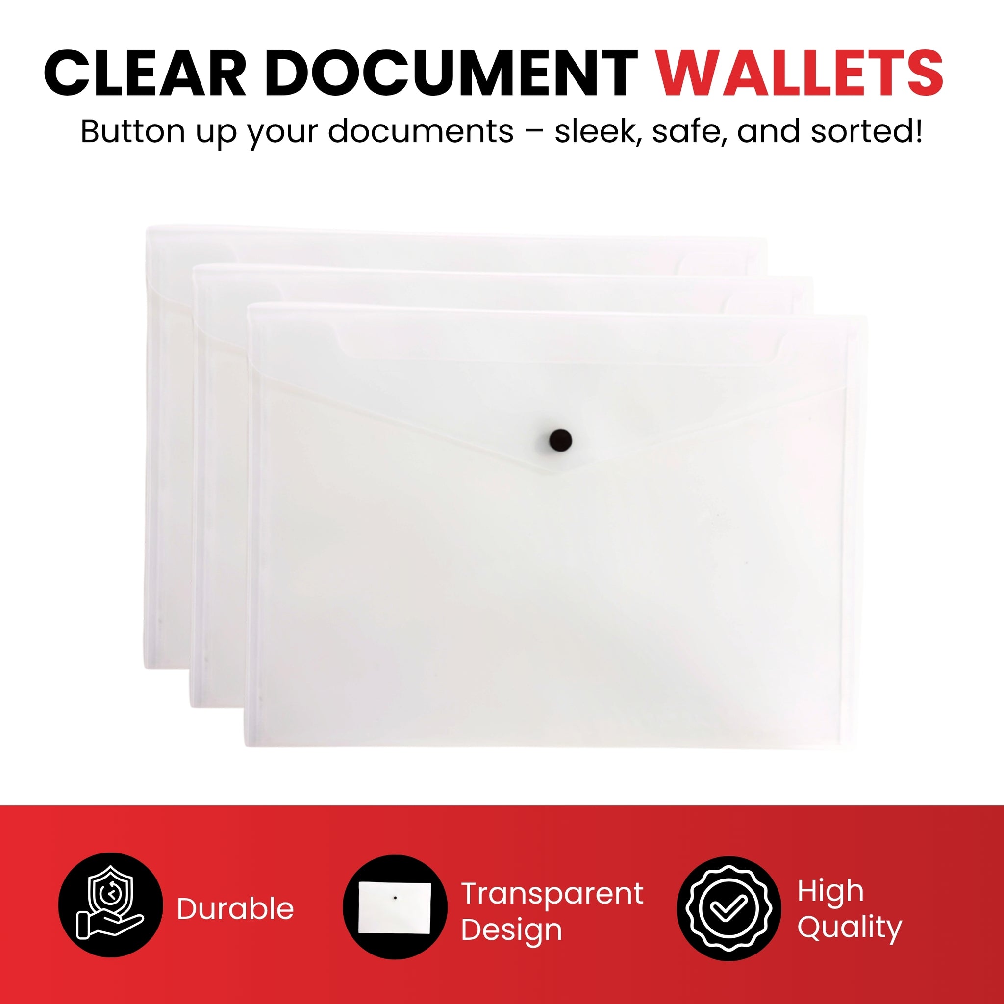 Pack of 20 Janrax A5 Clear Document Wallets - Button Stud Folder