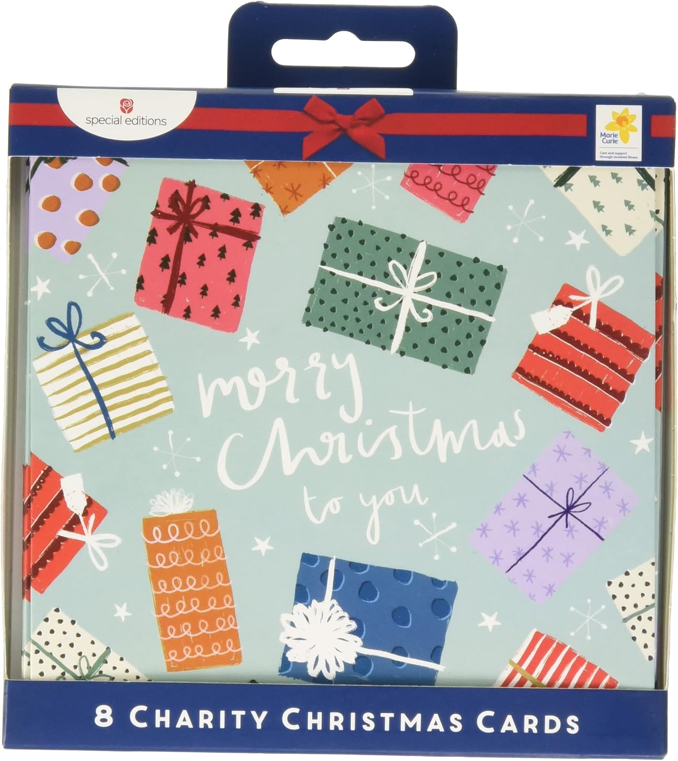 Multipack of 8 Bright Presents Design Charity Christmas Cards with Envelope