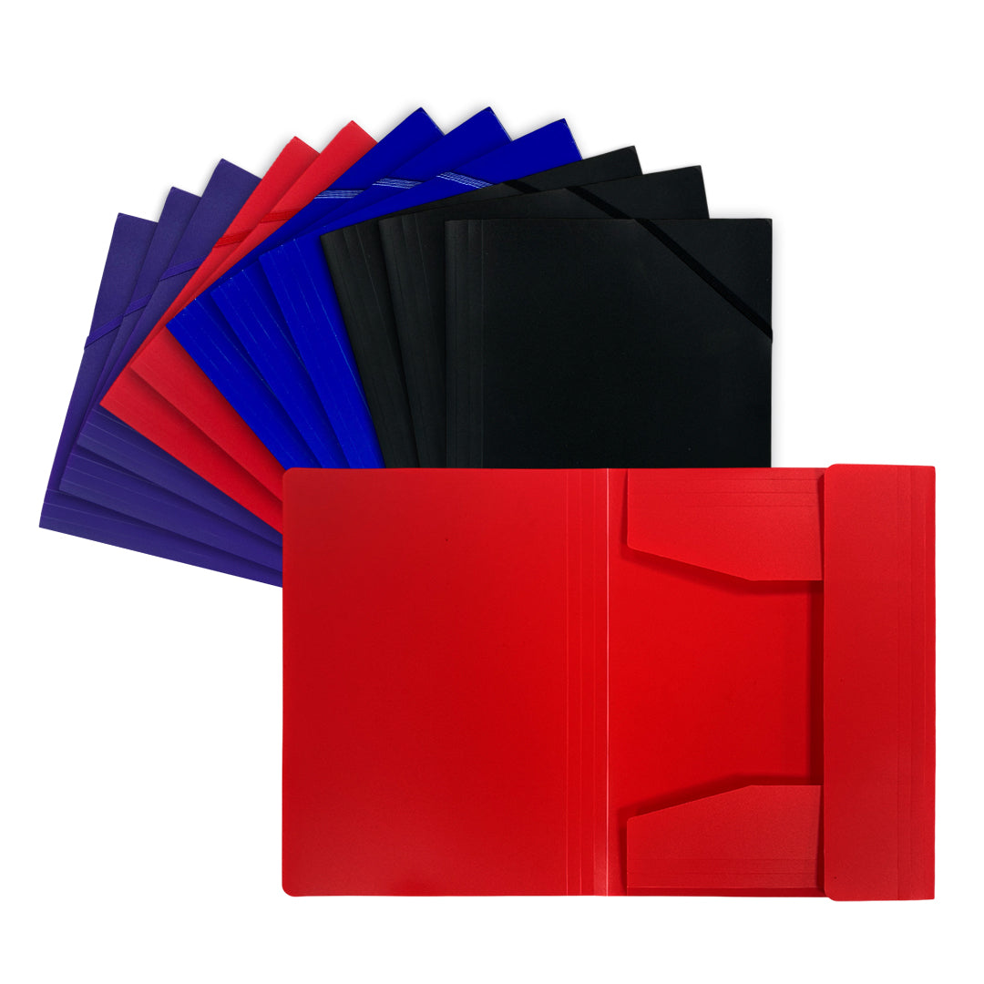 Pack of 12 A4 Assorted Colour 3 Flap Folders with Elasticated Closure