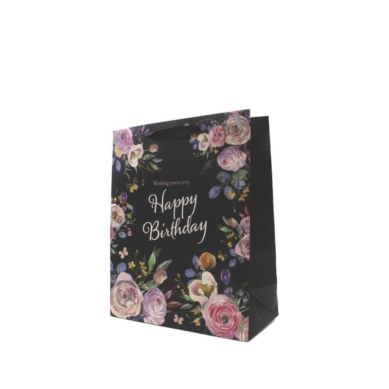 Black Floral Design Large Birthday Gift Bag {DC}