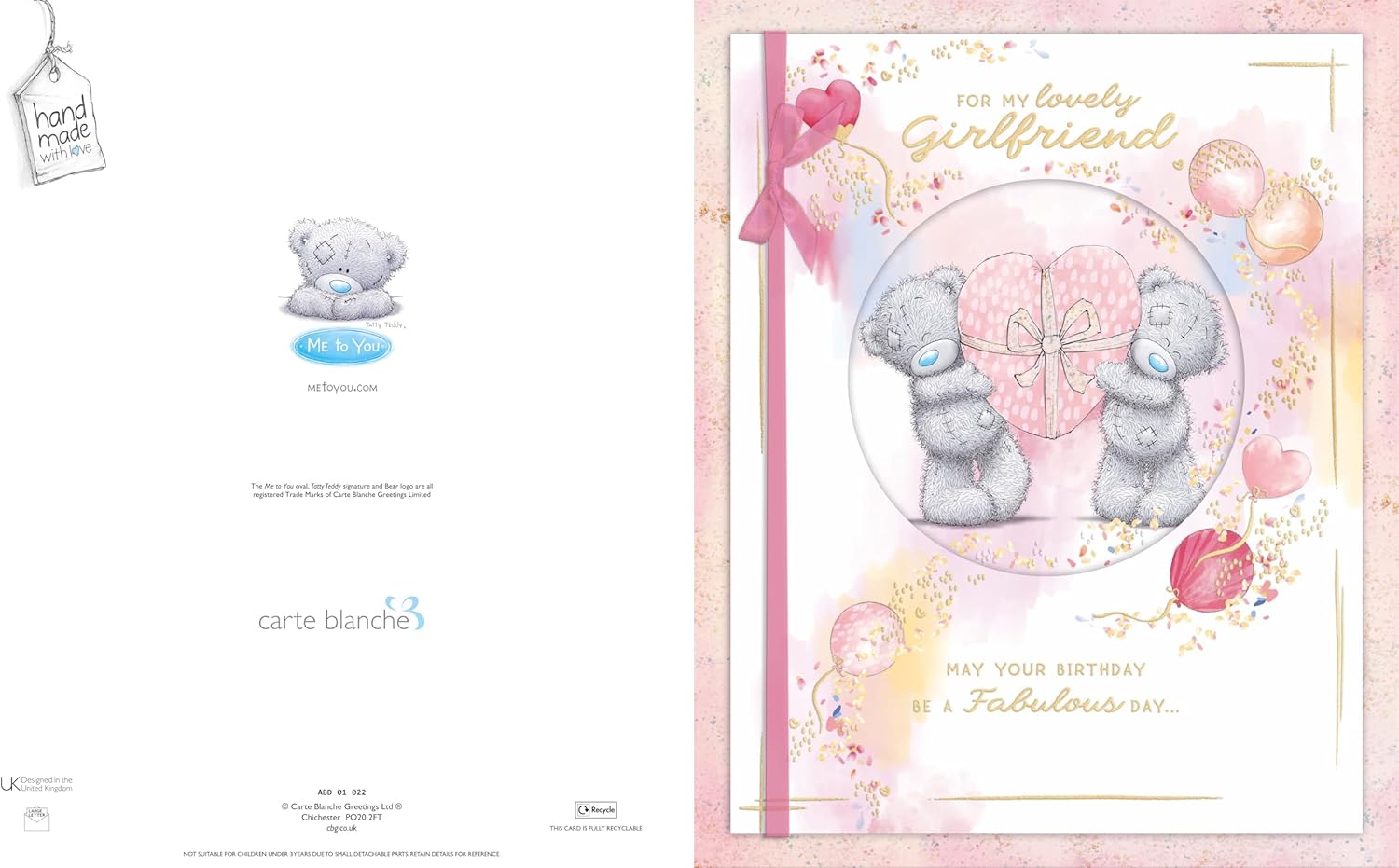 Bears Hold A Pink Wrapped Heart Boxed Handmade Girlfriend Birthday Card