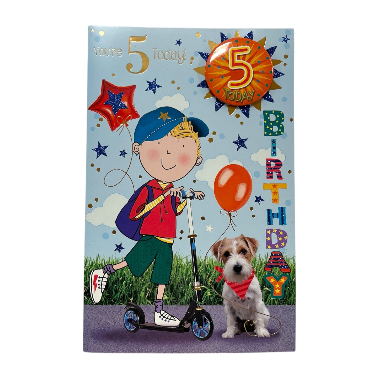 Age 5 Boy Riding A Scooter Juvenile Birthday Card With Badge