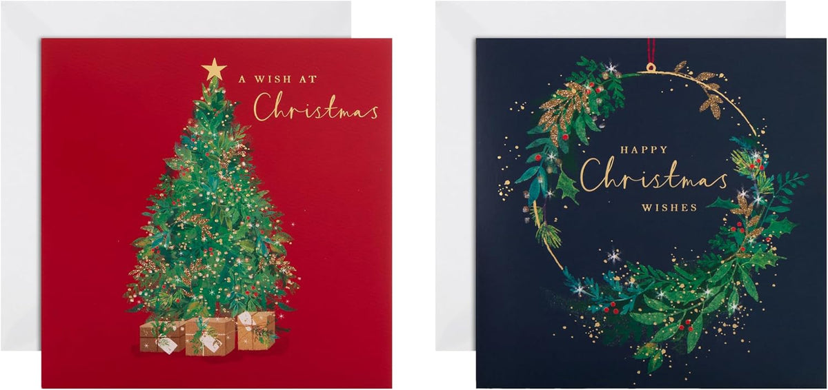 Xmas Tree & Wreath Artwork 16 Pack 2 Designs Charity Christmas Cards