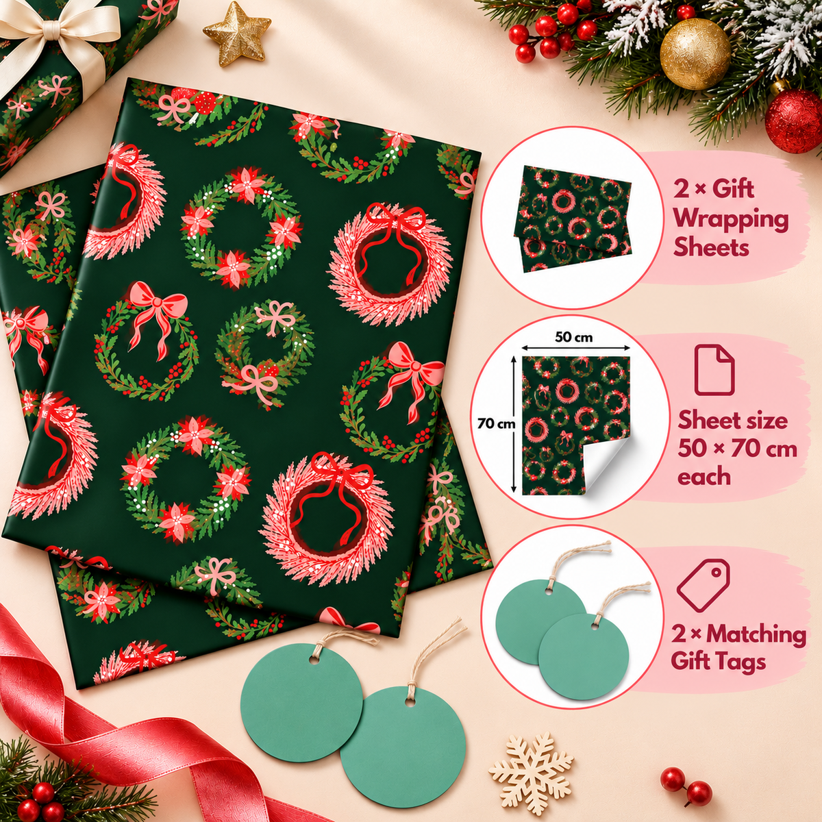 Pack of 2 Winterberry Wreath Design 50 x 70 cm Gift Wrap Sheets with 2 Tags - Christmas Seasonal Celebrations Winter Parties