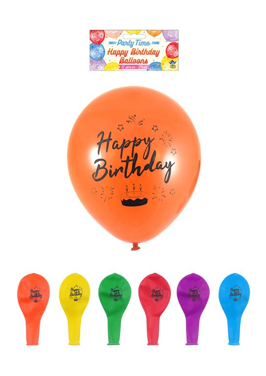 Pack of 12 Happy Birthday Balloons with Printed Detail 23cm {DC}