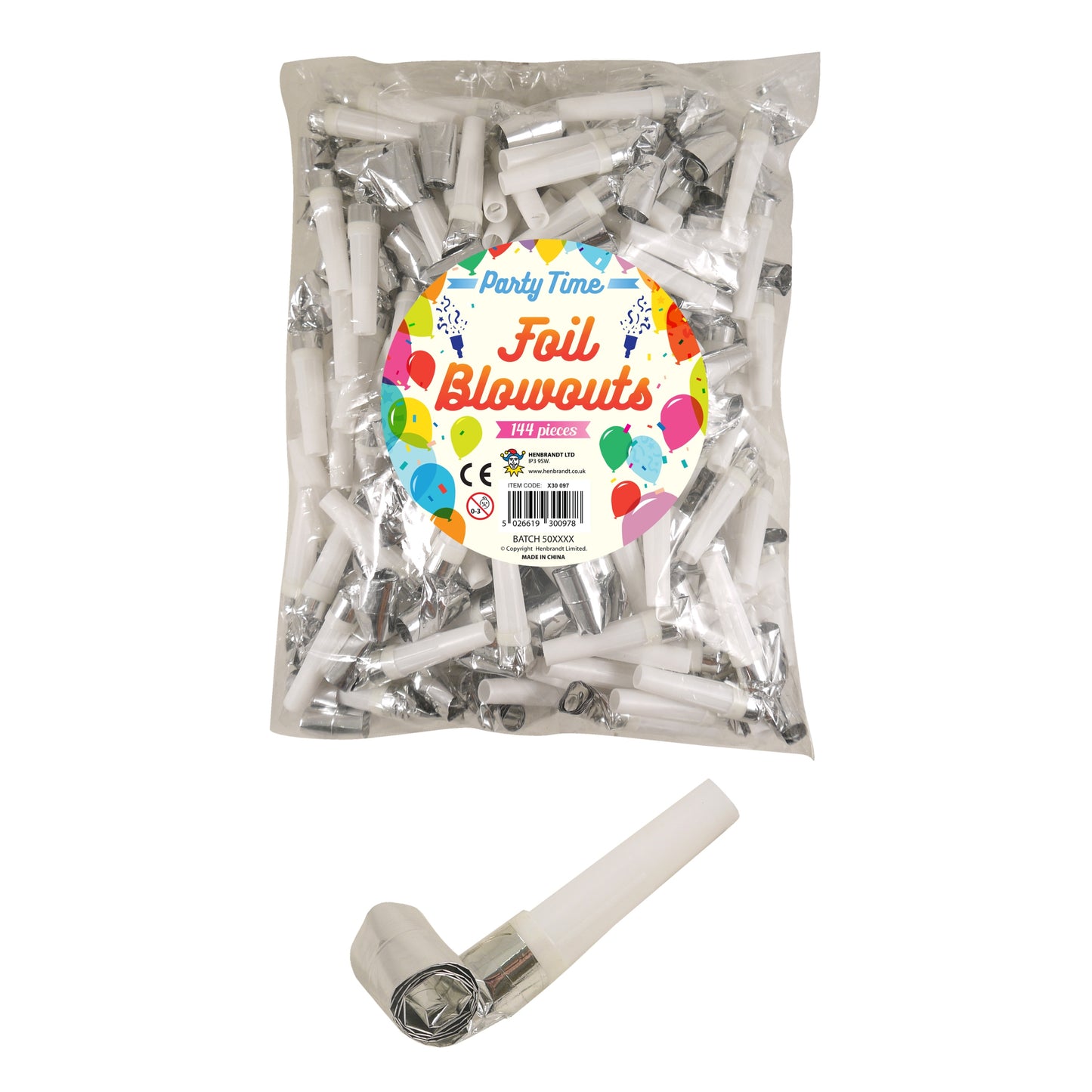 Pack of 144 Blowout Foil 3cm Silver with White Mouthpiece {DC}