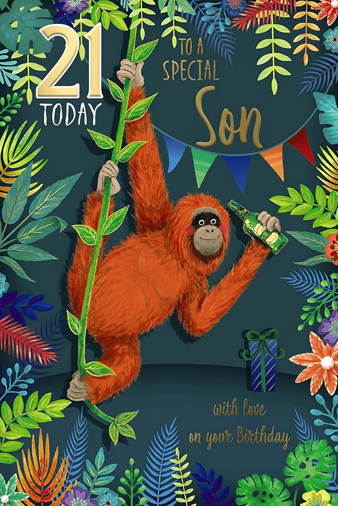 Special Son Age 21 Birthday Card Artistic Orangutan and Beer Design