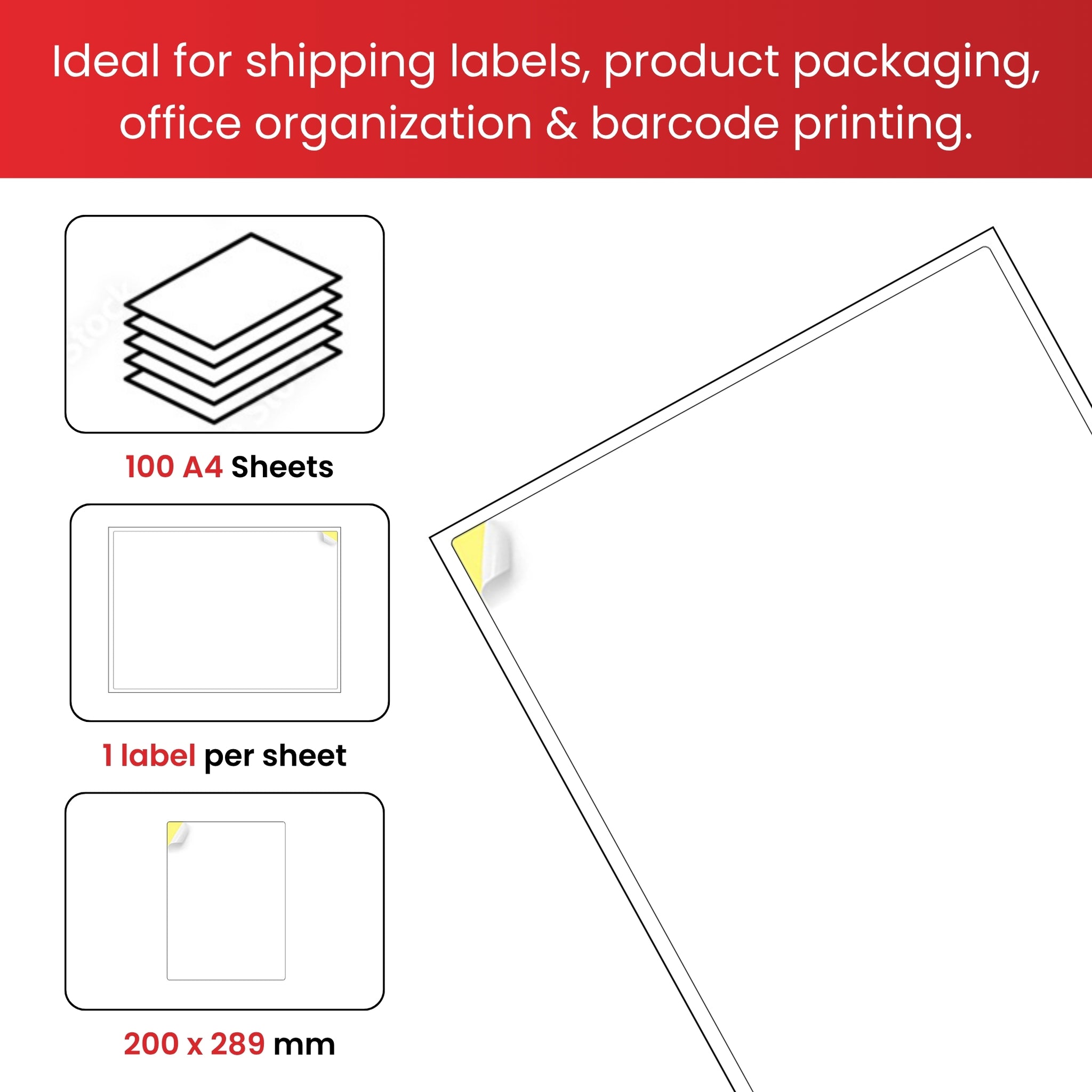 Pack of 100 White 200x289mm Self Adhesive Labels (1 Label per A4 Sheet)
