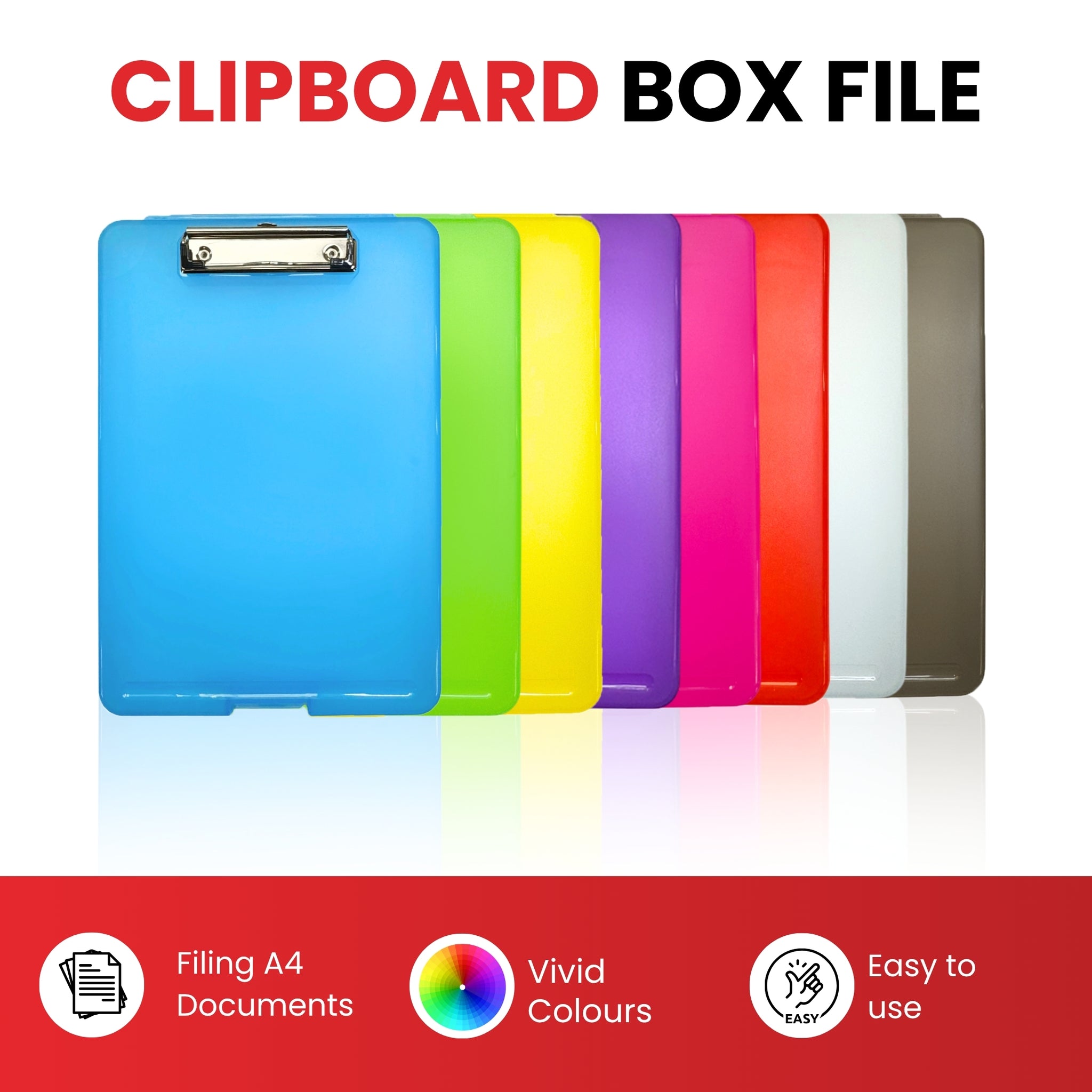 Pack of 8 Assorted Colour A4 Clipboard Box Files