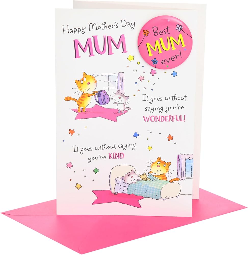 Cat Design Best Mum Mother's Day Card Includes Pin Badge