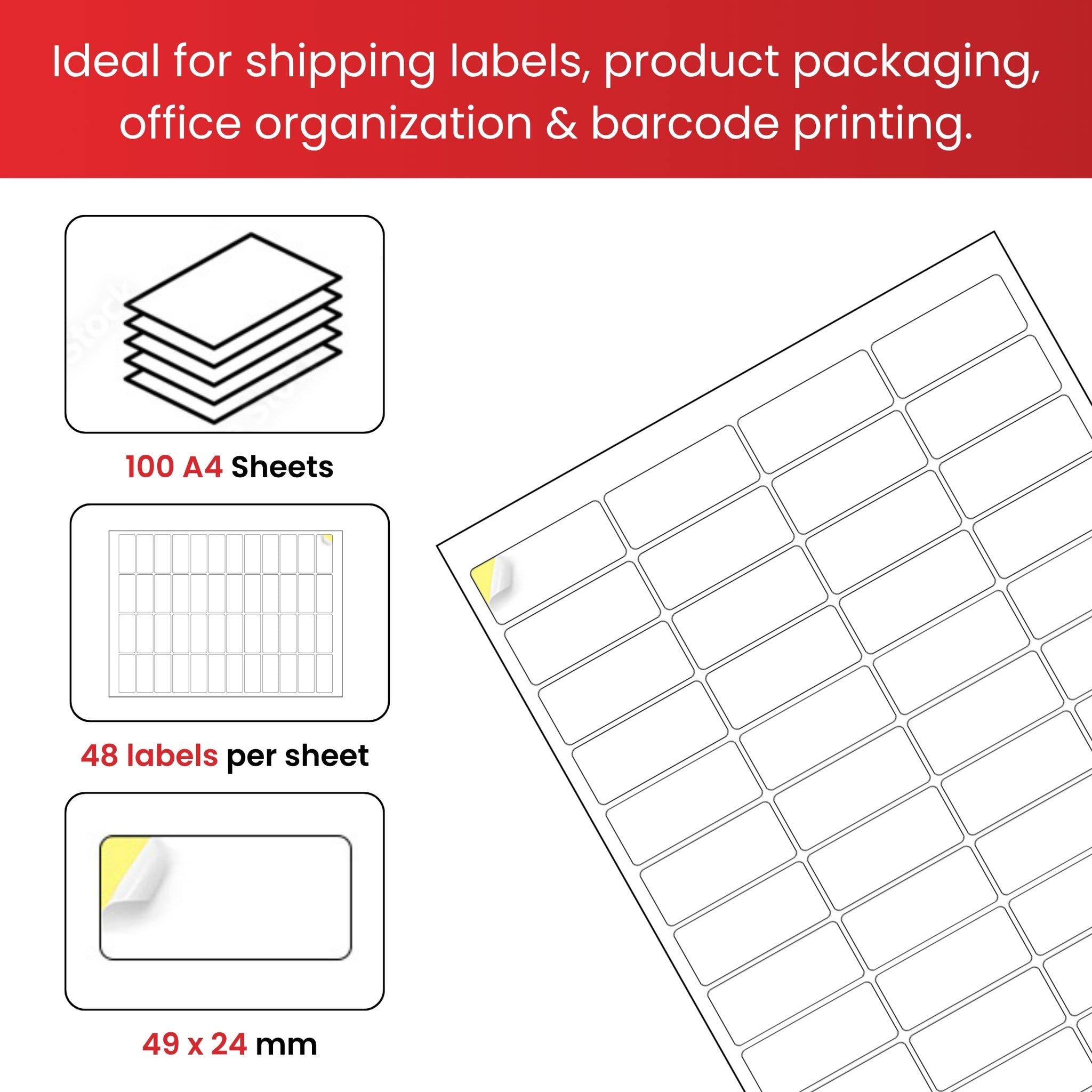 Pack of 4800 White 49x24mm Self Adhesive Labels (48 Labels per A4 Sheet)