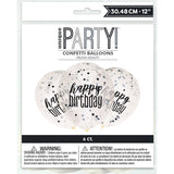 Pack of 6 12" Clear Printed Glitz "Happy Birthday" Balloons with Confetti, Black & Silver