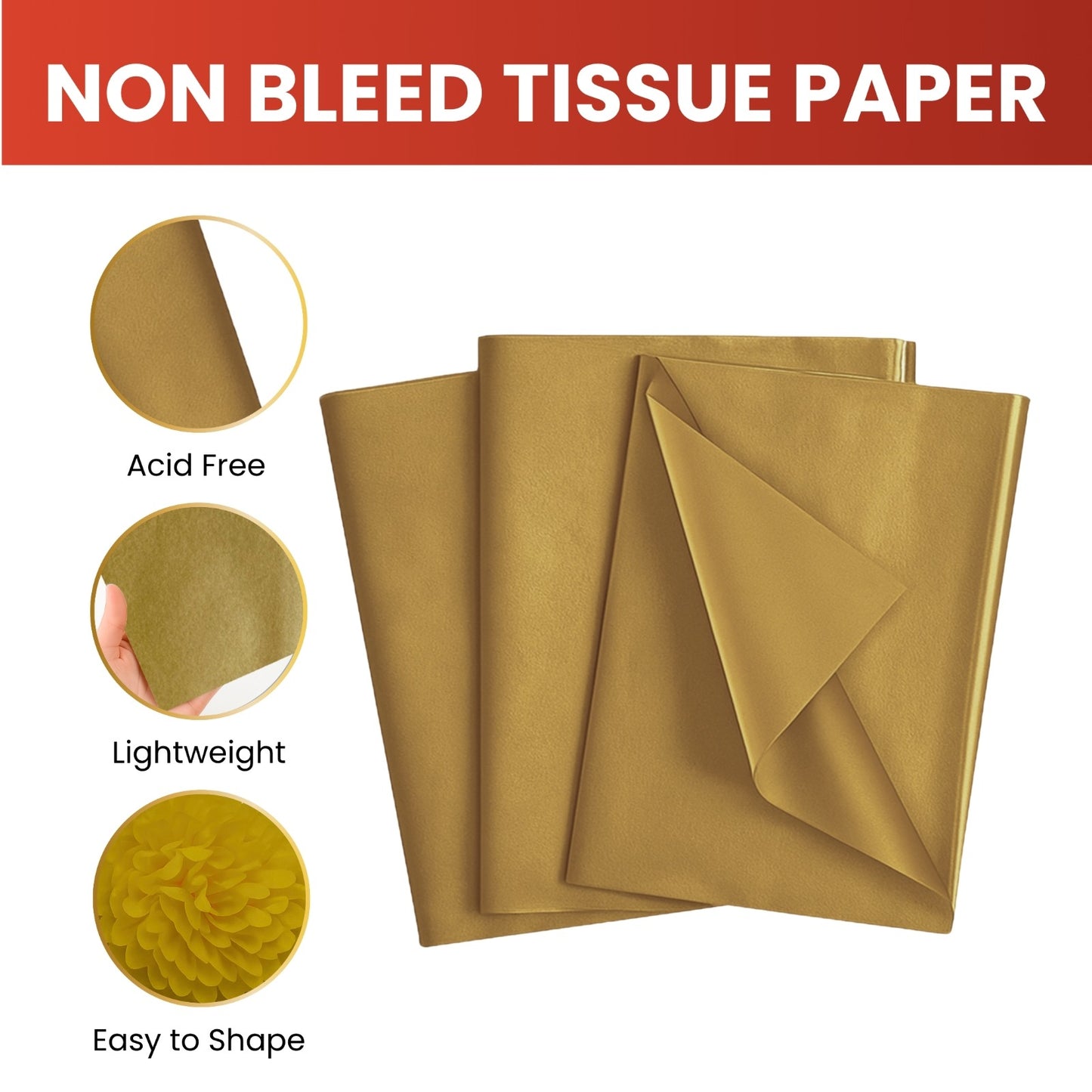 Pack of 30 Metallic Gold Acid Free 50 x 70cm Tissue Paper Sheets