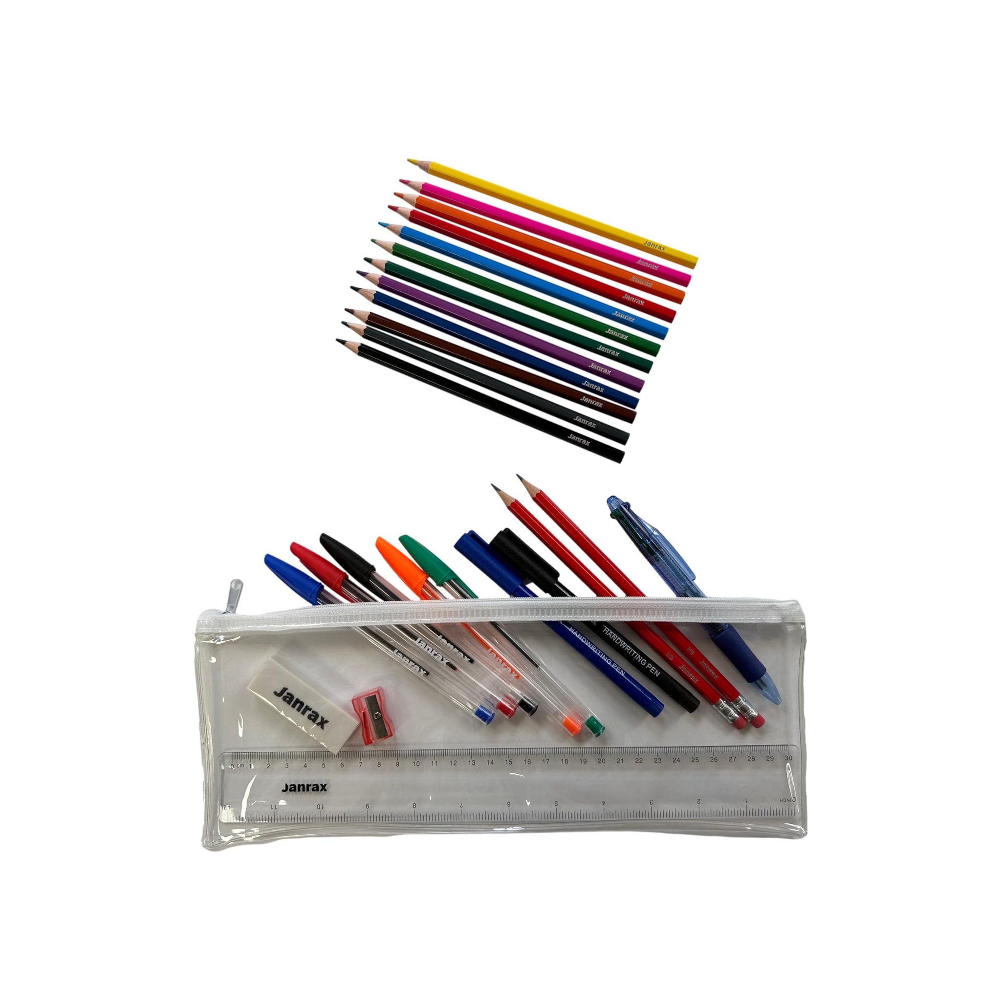 Stationery Filled White Zip 13x5" Pencil Case with Colouring Pencils