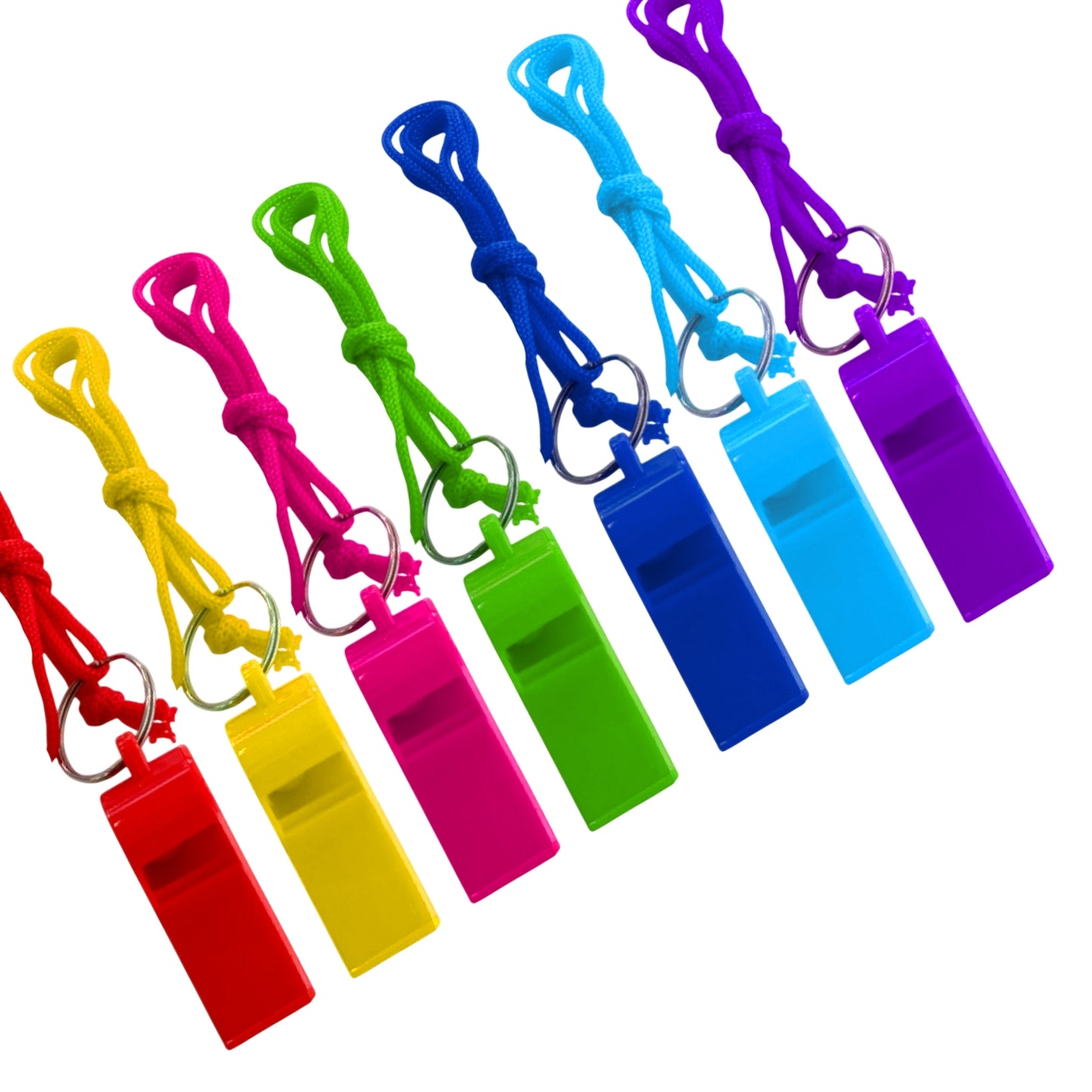 Bag of 10 Assorted Coloured Plastic Whistles with Lanyard Neck Cord