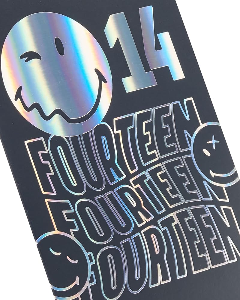 14th Birthday Card Smiley Silver Foil Design 