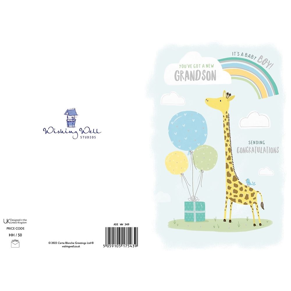 New Baby Boy Grandson Birth Congratulations Card Giraffe, Rainbow & Balloons  