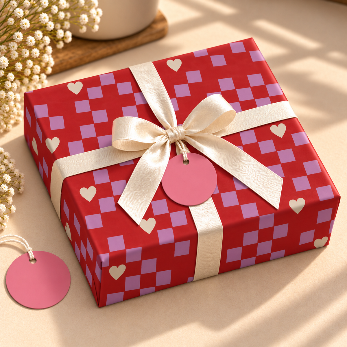 Pack of 2 Cupid Check Design 50 x 70 cm Gift Wrap Sheets with 2 Tags - Valentine’s Mother's Day Birthdays Everyday Celebrations