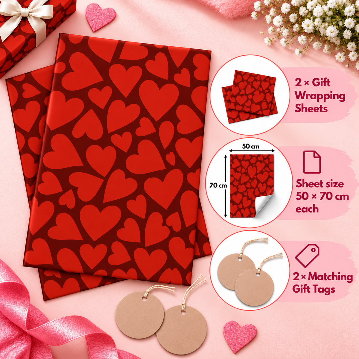 Pack of 2 Scarlet Hearts Design 50 x 70 cm Gift Wrap Sheets with 2 Tags - Valentine’s Day Christmas Romantic Occasions Birthdays