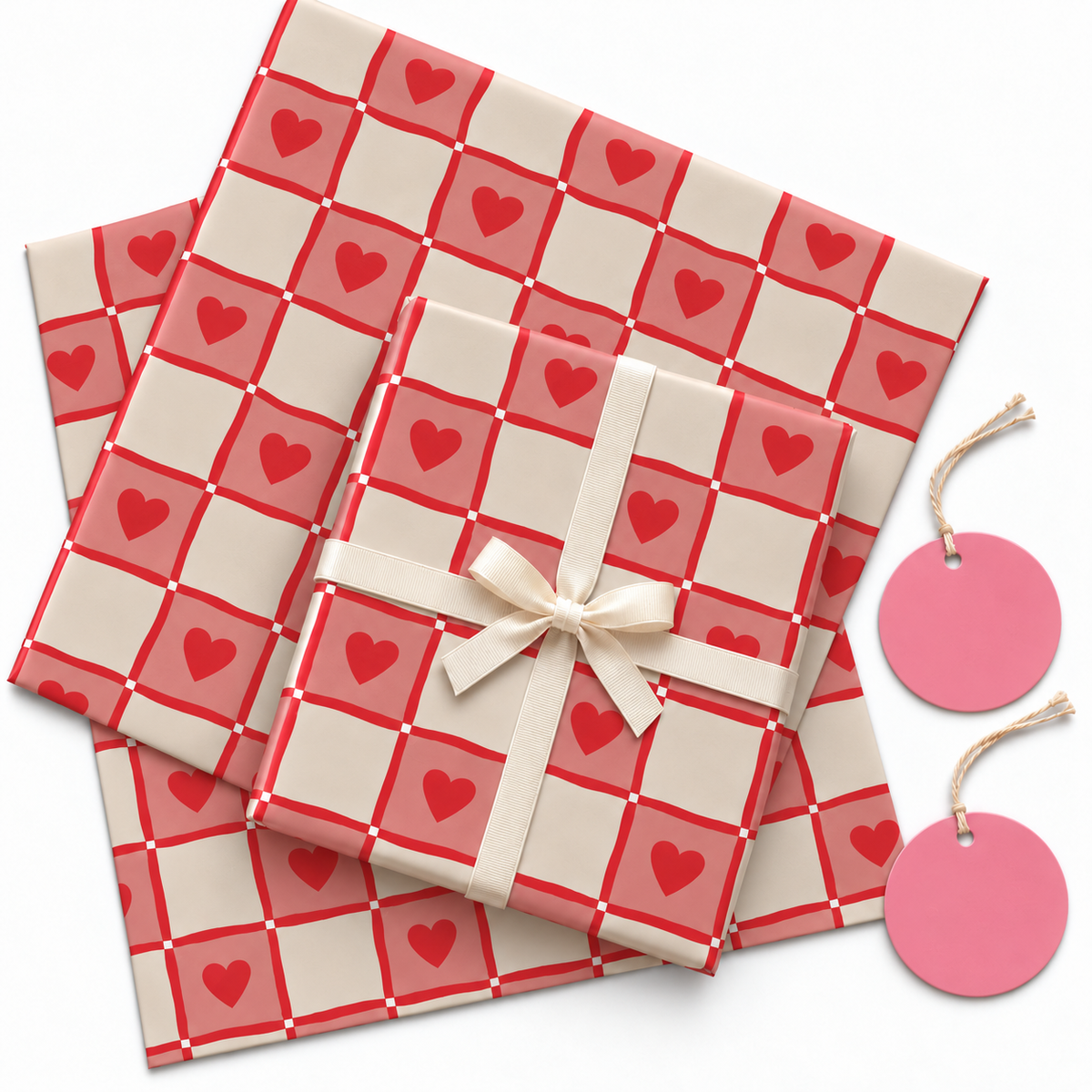 Pack of 2 Heart Squares Design 50 x 70 cm Gift Wrap Sheets with 2 Tags - Valentine’s Mother's Day Birthdays Everyday Celebrations