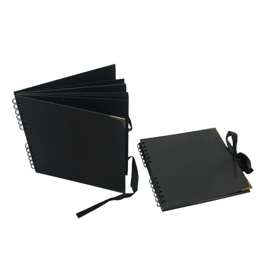 30 Sheets 20x20cm Spiral Bound 180gsm Black Scrapbook with Ribbon Closure and Metal Corners