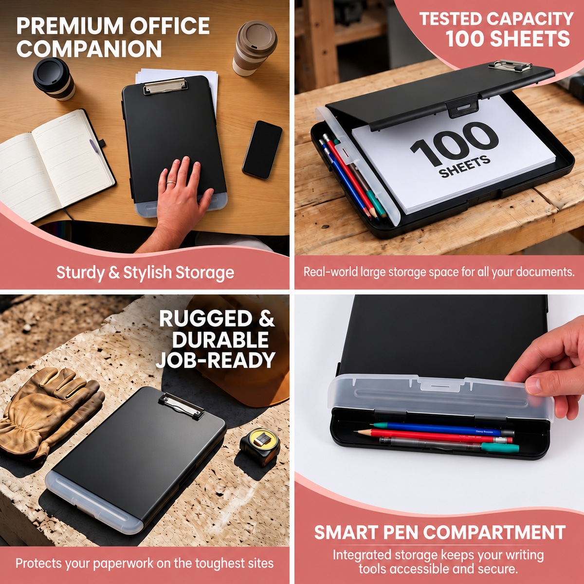 A4 Black Plastic Clipboard Box File With Pencil Holder - Storage Filing Case