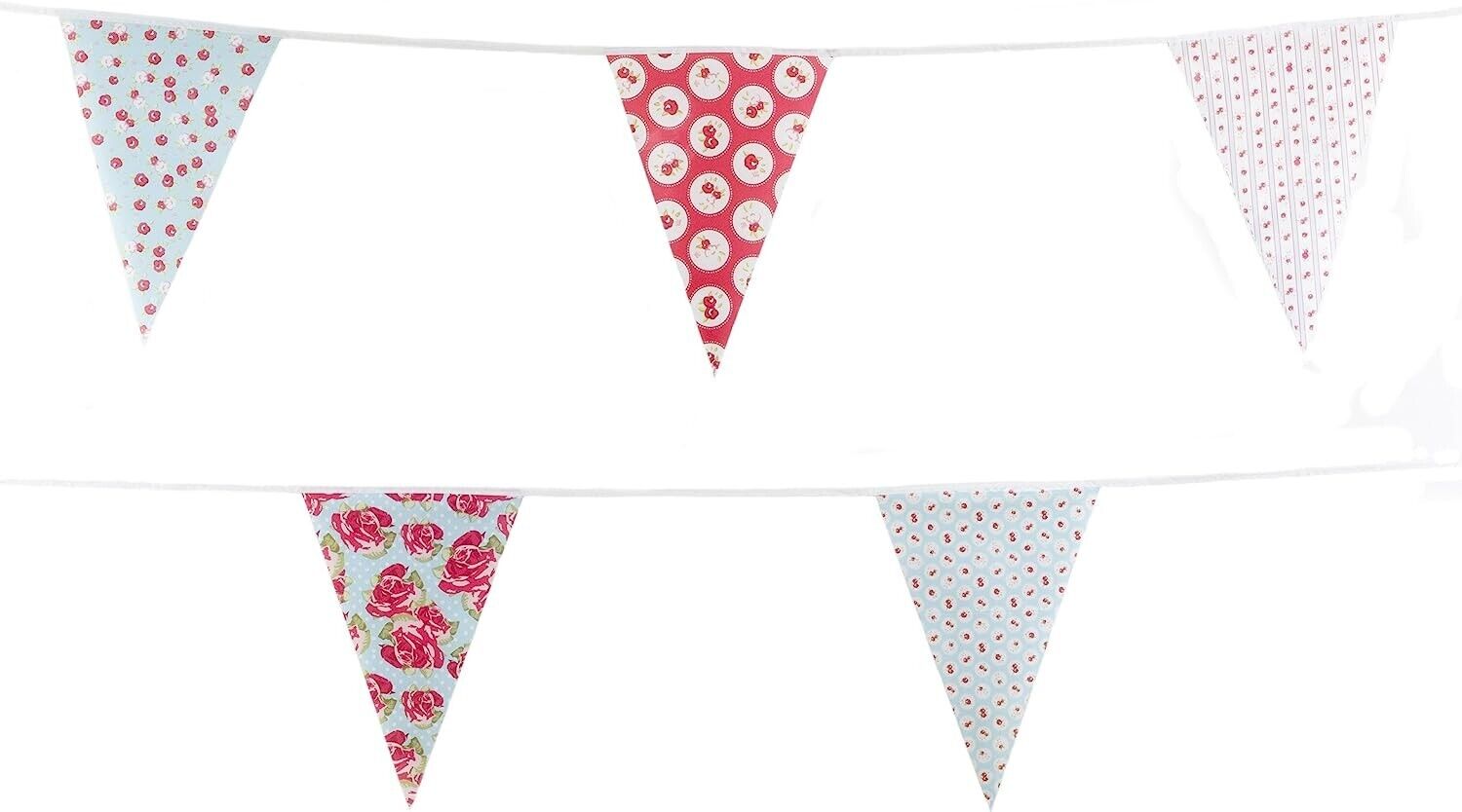 C1008 Red and Baby Blue Shabby Chic Vintage Print Bunting 10m with 20 Pennants