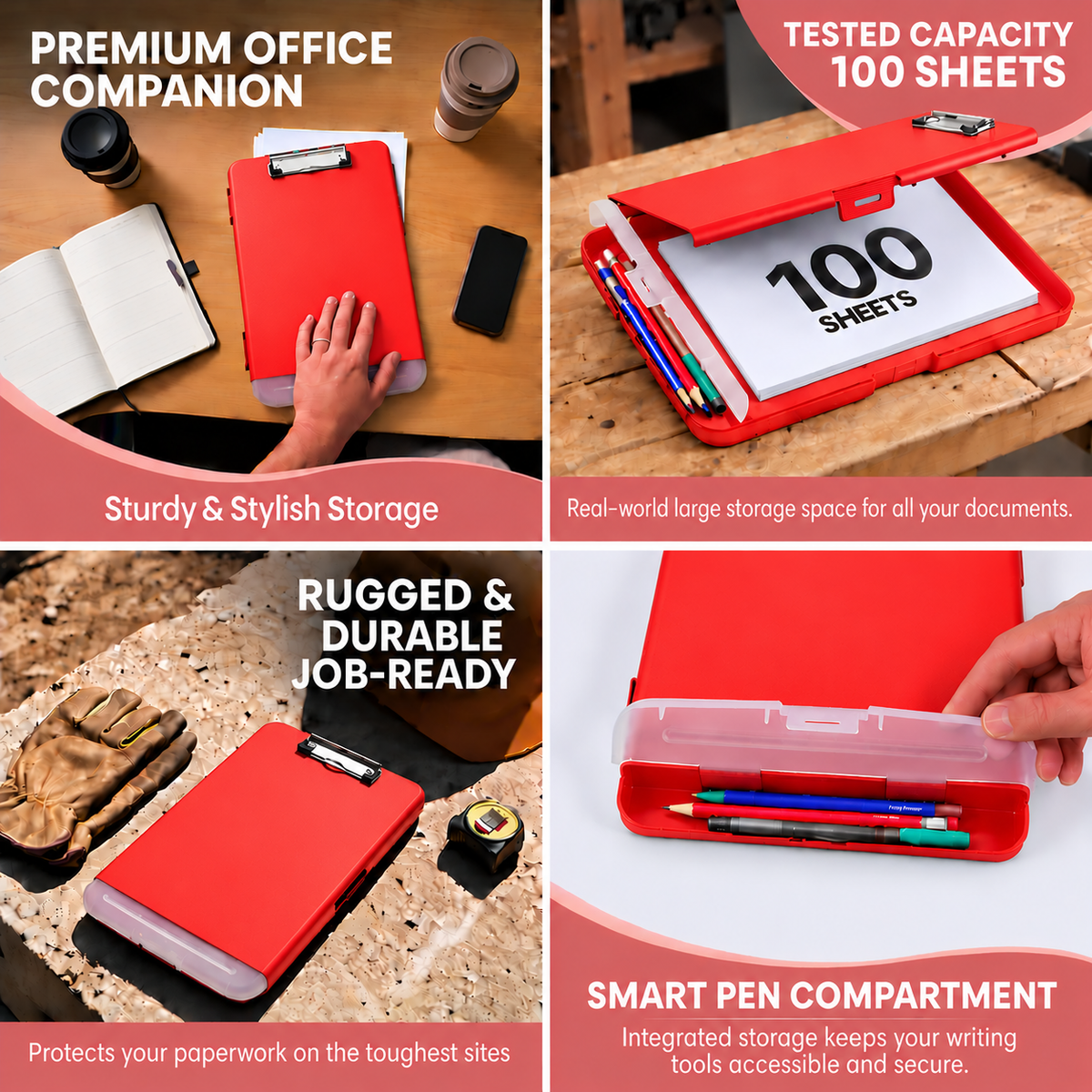 A4 Red Plastic Clipboard Box File With Pencil Holder - Storage Filing Case