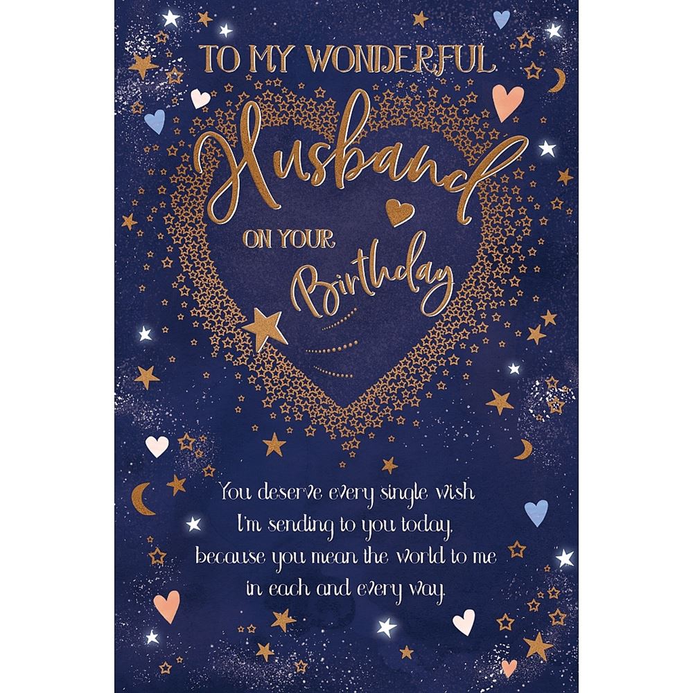 Husband Birthday Card Gold Heart Design with Stars 