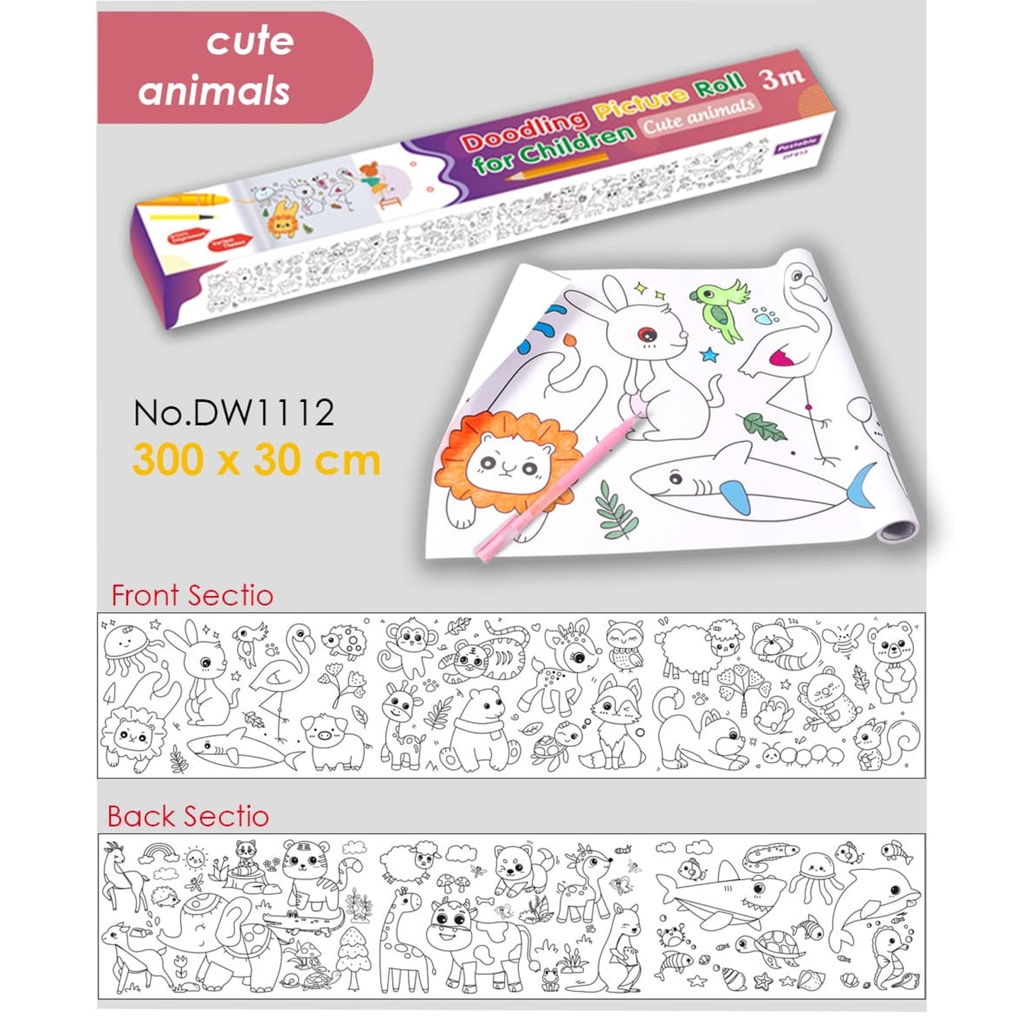 Cute Animals Cartoon DIY Long Painting Paper Roll for Kids 30×300cm