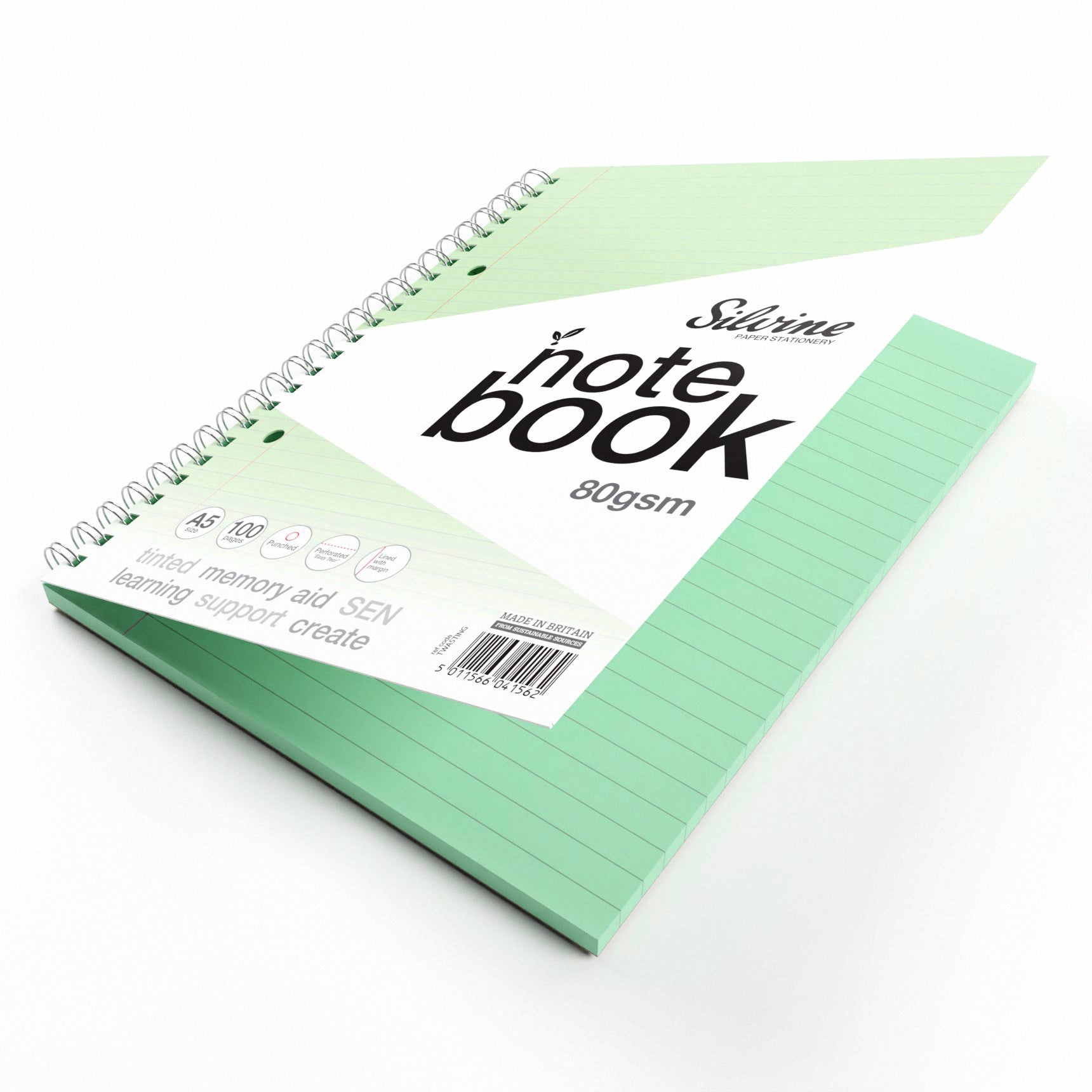A5+ 100 Pages Twin Wire SEN Green Paper Dyslexia Notebook - Lined with Margin