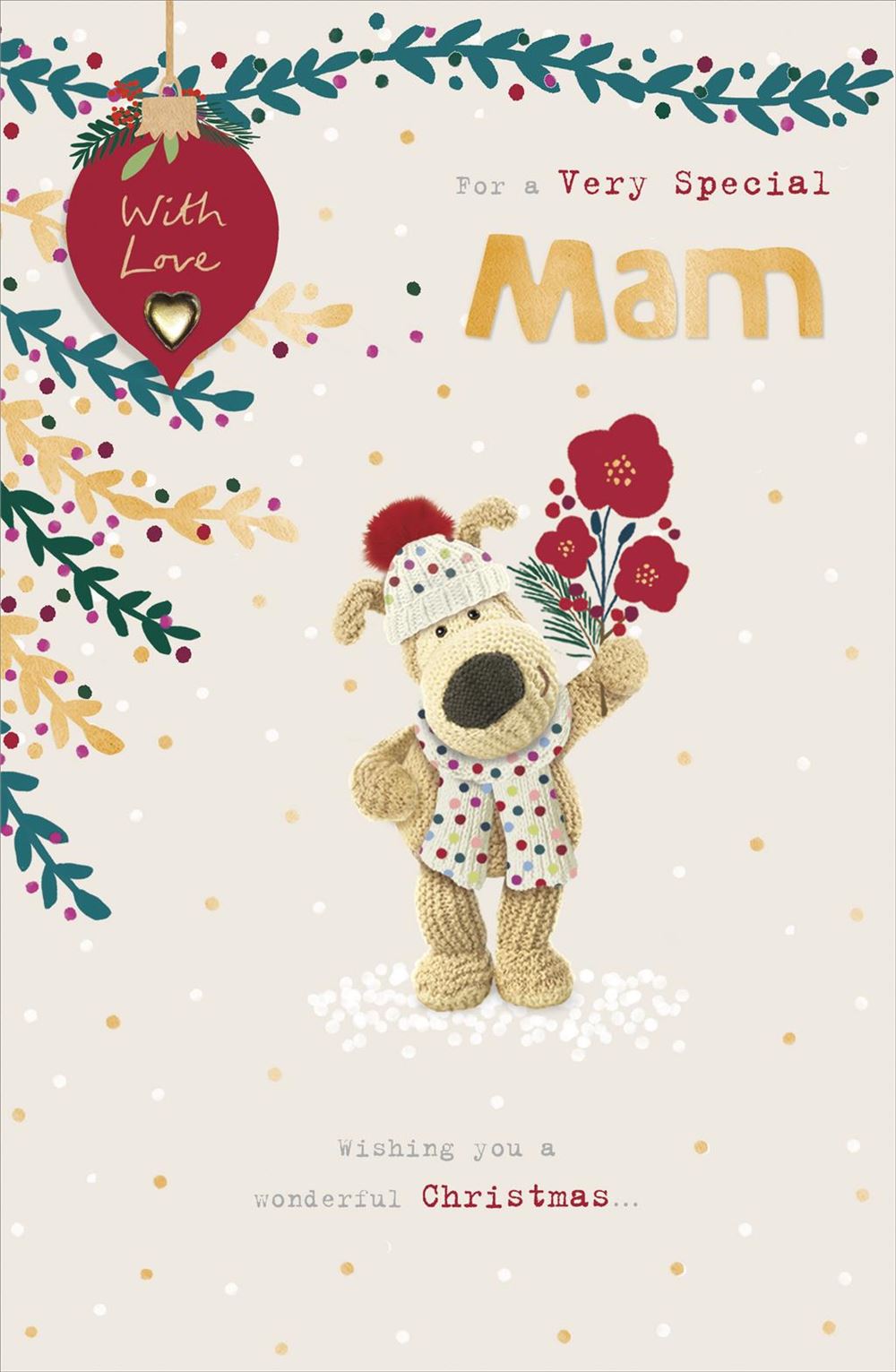 Boofle Holding Flowers Mam Christmas Card