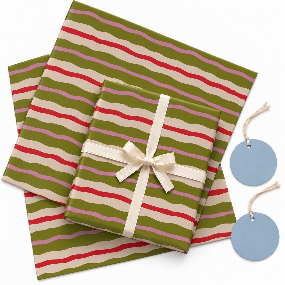 Pack of 2 Playful Stripes Design 50 x 70 cm Gift Wrap Sheets with 2 Tags - Christmas Birthdays Kids Party Holiday Gifting