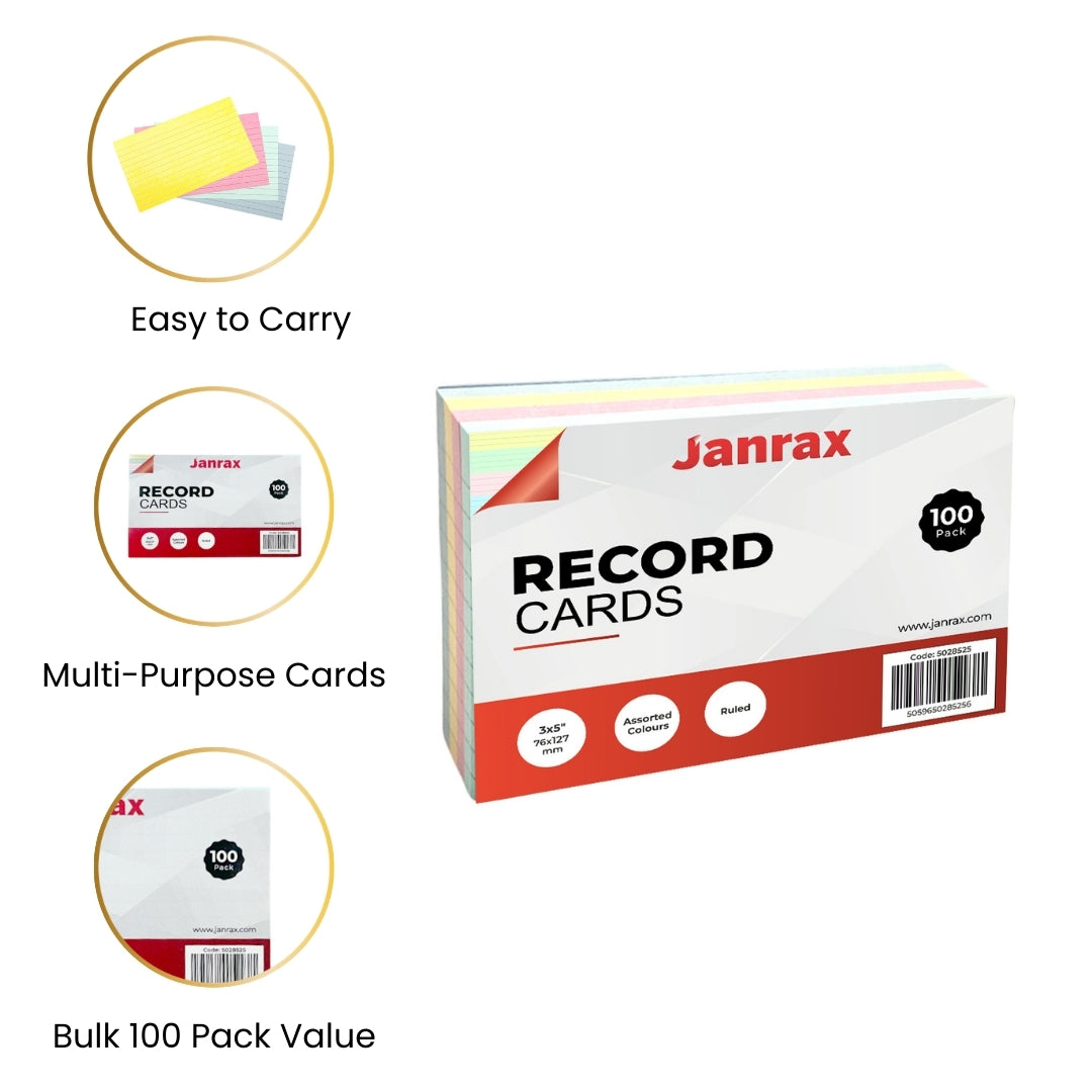 Pack of 100 White Ruled 8x5" Record Cards – Lined Study Index Cards for Notes, Revision