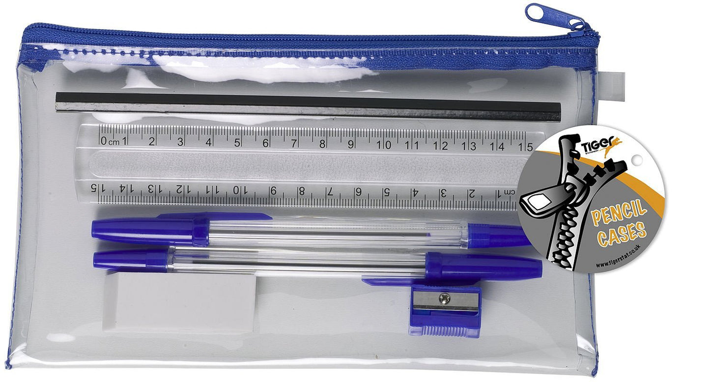 Small Flat Filled Clear Exam Pencil Case - Stationery Set