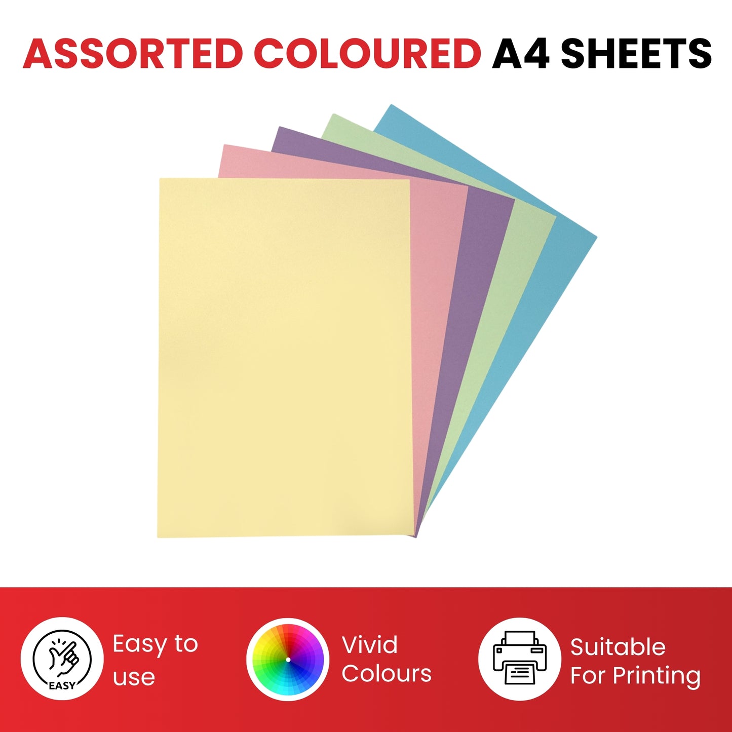 Pack of 100 A4 Assorted Pastel Coloured Paper 75gsm Sheets